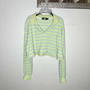 Handmade upcycled green striped crop polo long sleeve shirt size 2XL